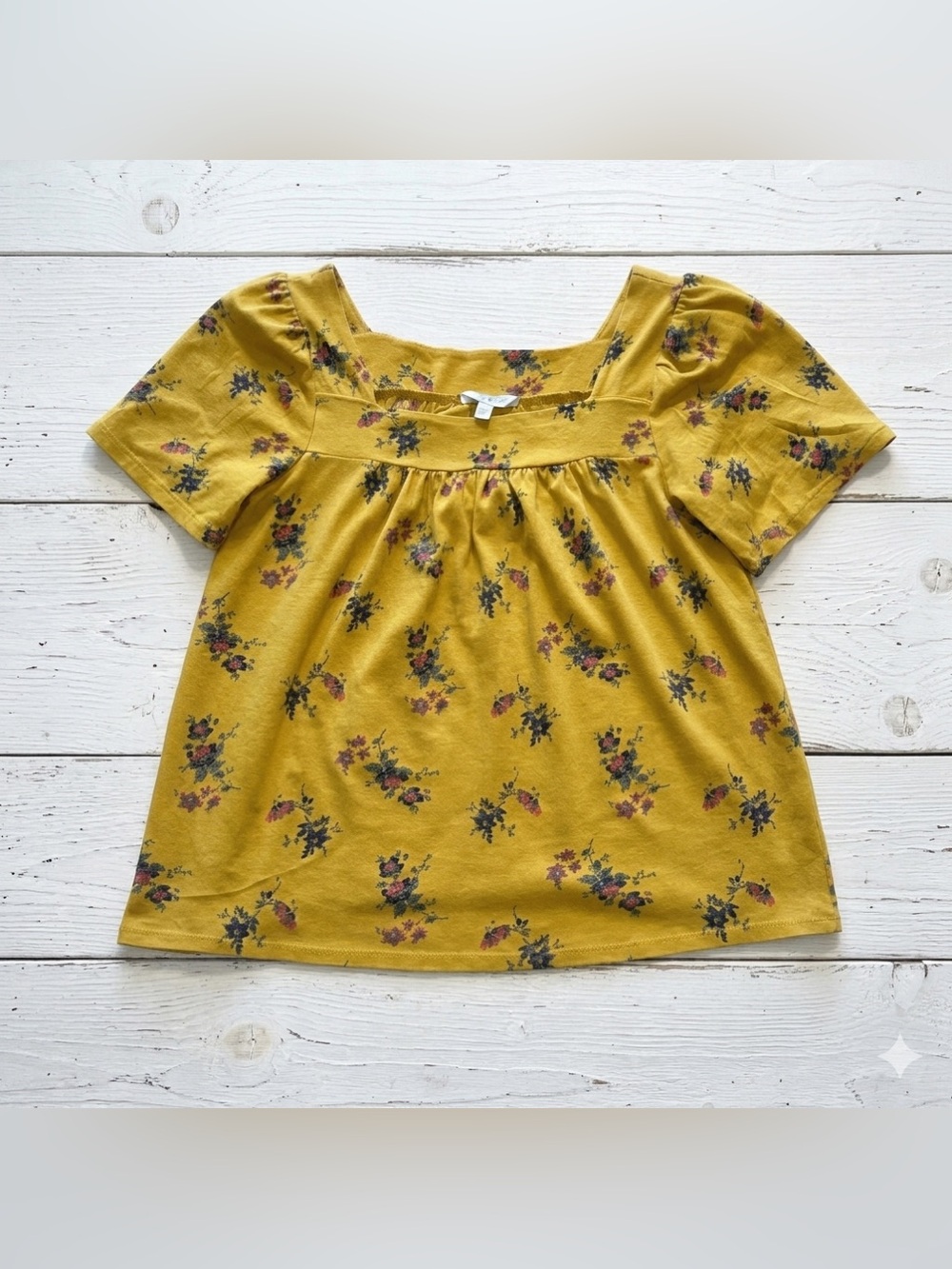 Lucky Brand Los Angeles Women’s Mustard Yellow Square Neck Floral Blouse SZ S